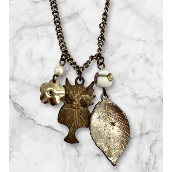 VTG Gold Tone Owl, leaf & Rose Charms Necklace & Chain Rhinestone Eyes 12" W/box - Picture 5 of 10